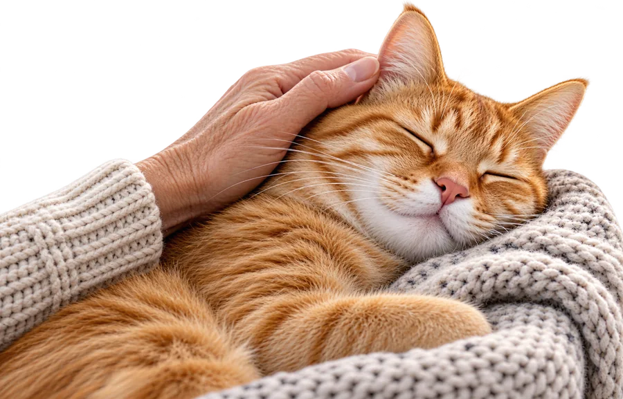 Eine Hand streichelt eine schlafende rote Katze auf einer Strickdecke