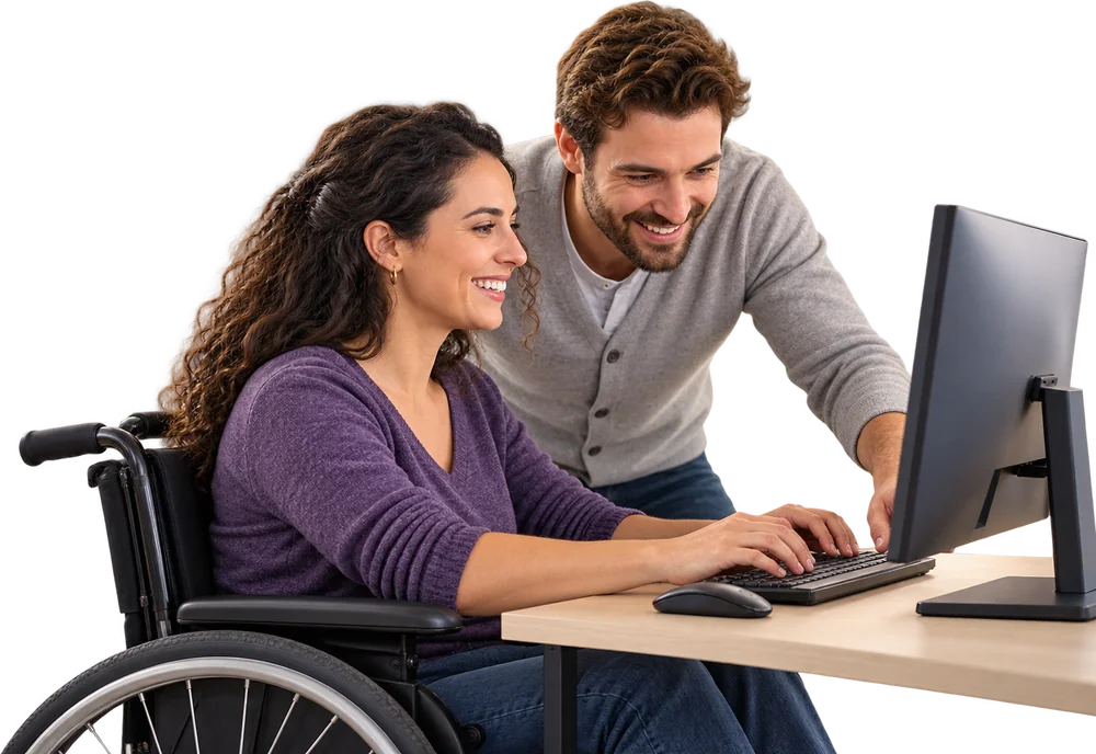 Eine Frau im Rollstuhl arbeitet mit einem Kollegen am Computer