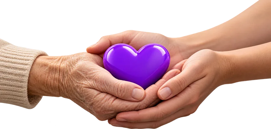 Hände, die gemeinsam ein violettes Herz halten