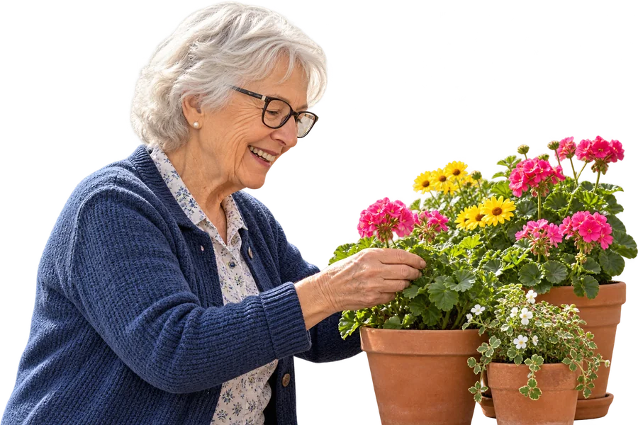 Eine lächelnde ältere Dame pflegt ihre Topfblumen