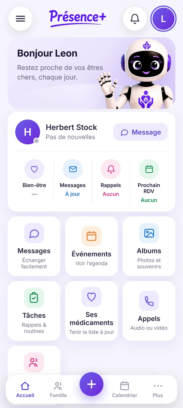 Startbildschirm der App für Angehörige: «Guten Tag Leon», die Karte von Herbert mit seinem Befinden, seinen Nachrichten, seinen Erinnerungen und seinem nächsten Termin, darunter die Bereiche Nachrichten, Ereignisse, Alben, Aufgaben, Seine Medikamente, Anrufe und Familie