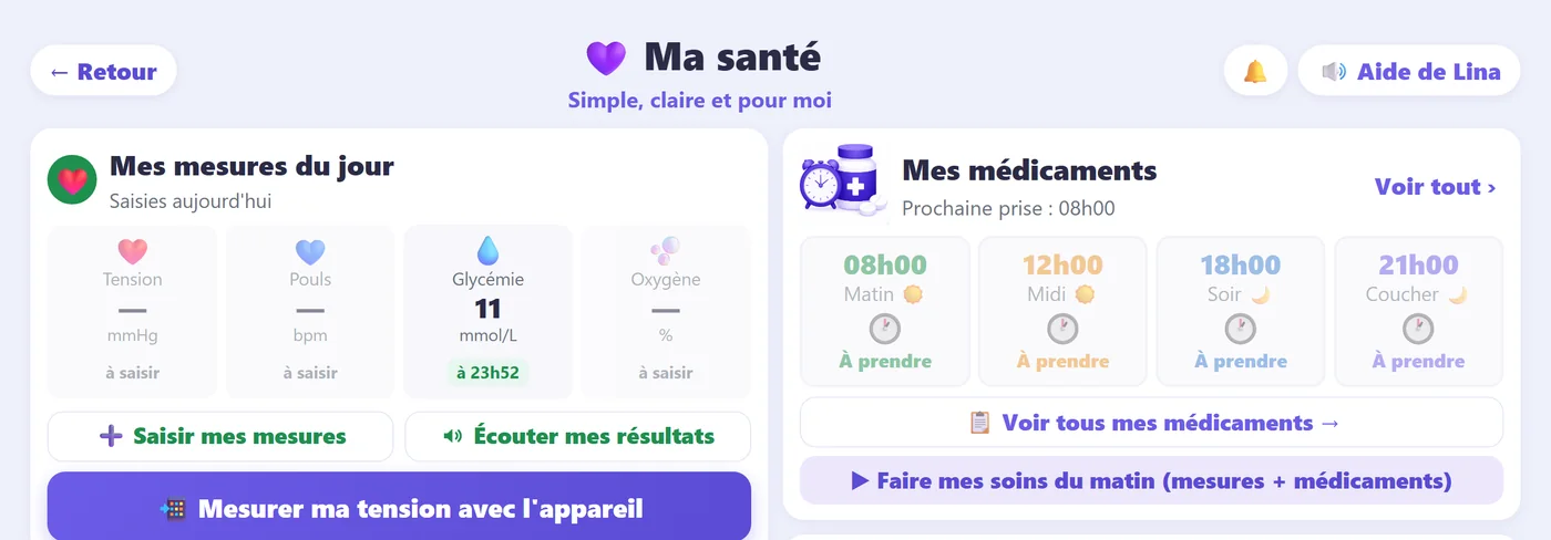 Bildschirm «Meine Gesundheit» des Lina-Tablets: die Werte des Tages (Blutdruck, Puls, Blutzucker, Sauerstoff), eine Schaltfläche «Blutdruck mit dem Gerät messen» und die Medikamente, verteilt auf die vier Tageszeiten