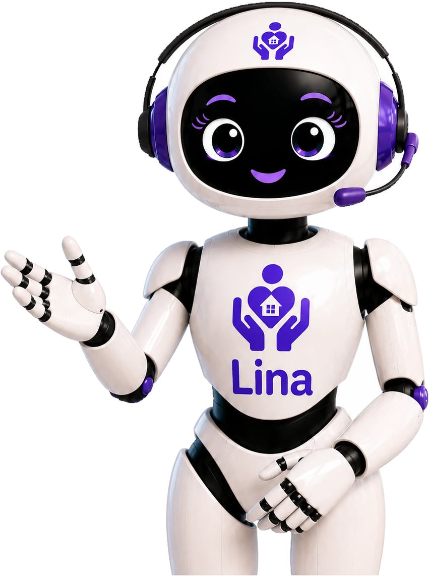 Lina, die Figur von Présence+, mit Headset und erhobener Hand zum Gruss