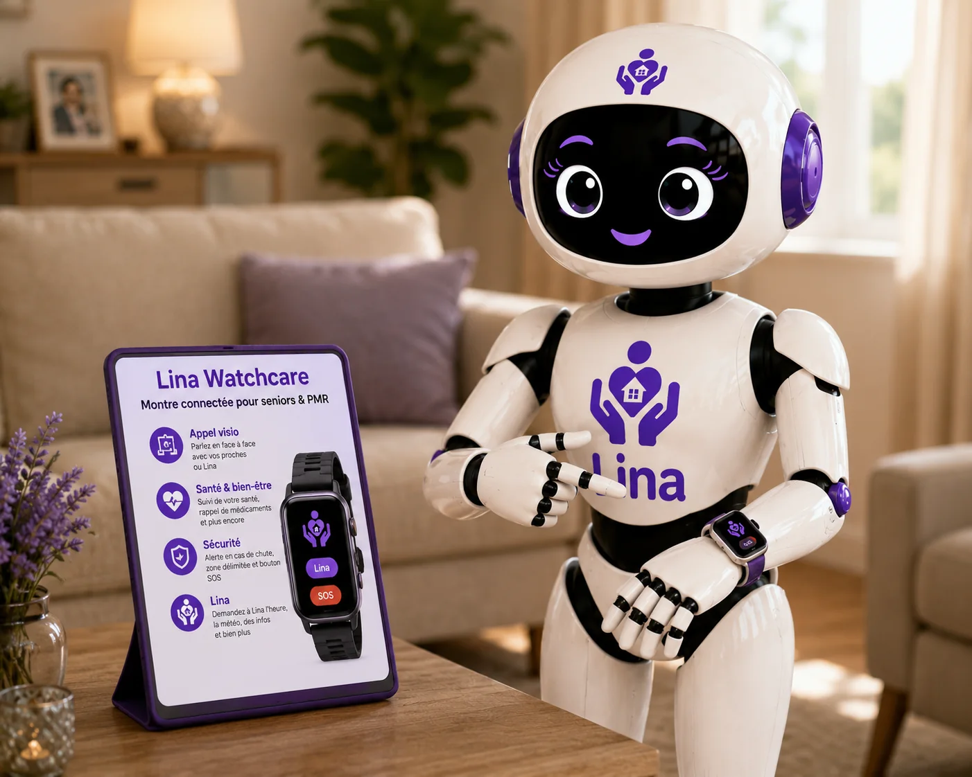 Lina porte la montre Lina WatchCare au poignet, à côté d’un écran qui présente les fonctions : appel visio, santé et bien-être, sécurité, et Lina