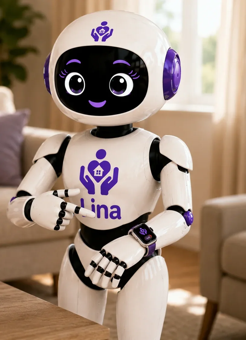 Lina trägt die Uhr Lina WatchCare am Handgelenk, in einem Wohnzimmer